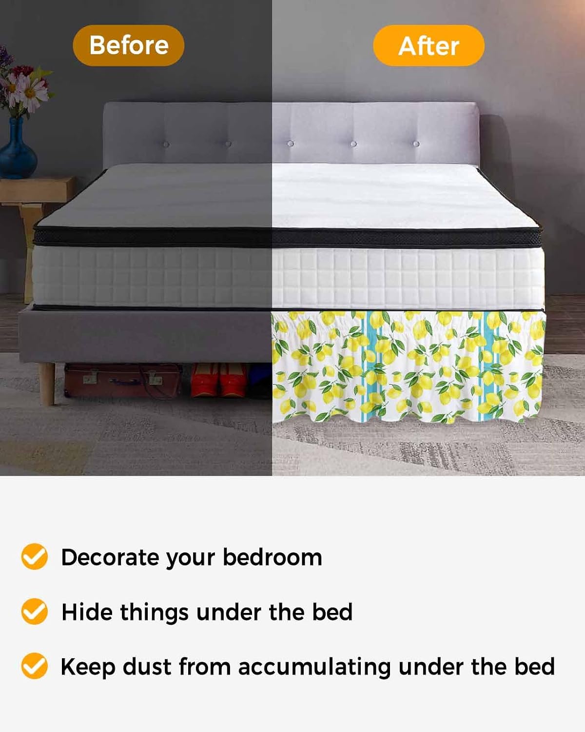 Yellow Lemons Bed Skirt Queen Size 16 Inch Drop, Adjustable Elastic Wrap Around Bed Skirts Easy Fitting Dust Ruffle Bedskirt Bed Frame Cover Summer Botanical Watercolor