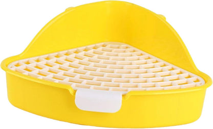 Bunny Litter Tray Triangle Pet Toilet Pan Cage Corner Potty Grid High Back Spatter Securely Attaches, Yellow