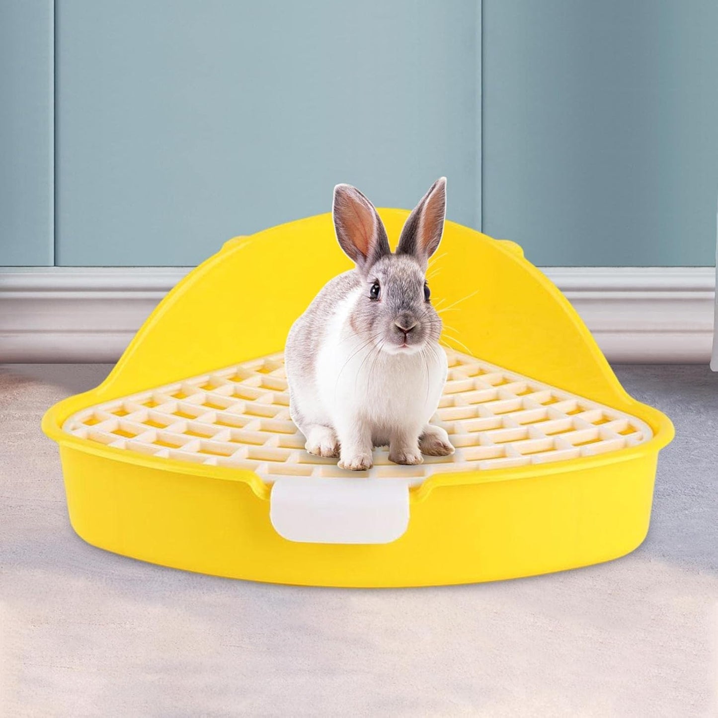 Bunny Litter Tray Triangle Pet Toilet Pan Cage Corner Potty Grid High Back Spatter Securely Attaches, Yellow