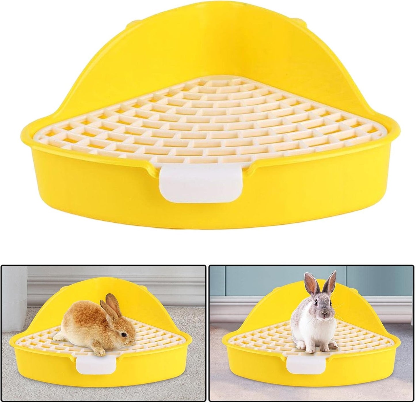 Bunny Litter Tray Triangle Pet Toilet Pan Cage Corner Potty Grid High Back Spatter Securely Attaches, Yellow