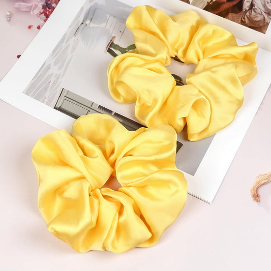 Oversized Satin Scrunchies for Women - 2 Pack Extra Large Hair Ties Accessories, Big Silk-Like Ponytail Holders, No-Damage Elastic Bands for Thick Curly Hair, Yellow