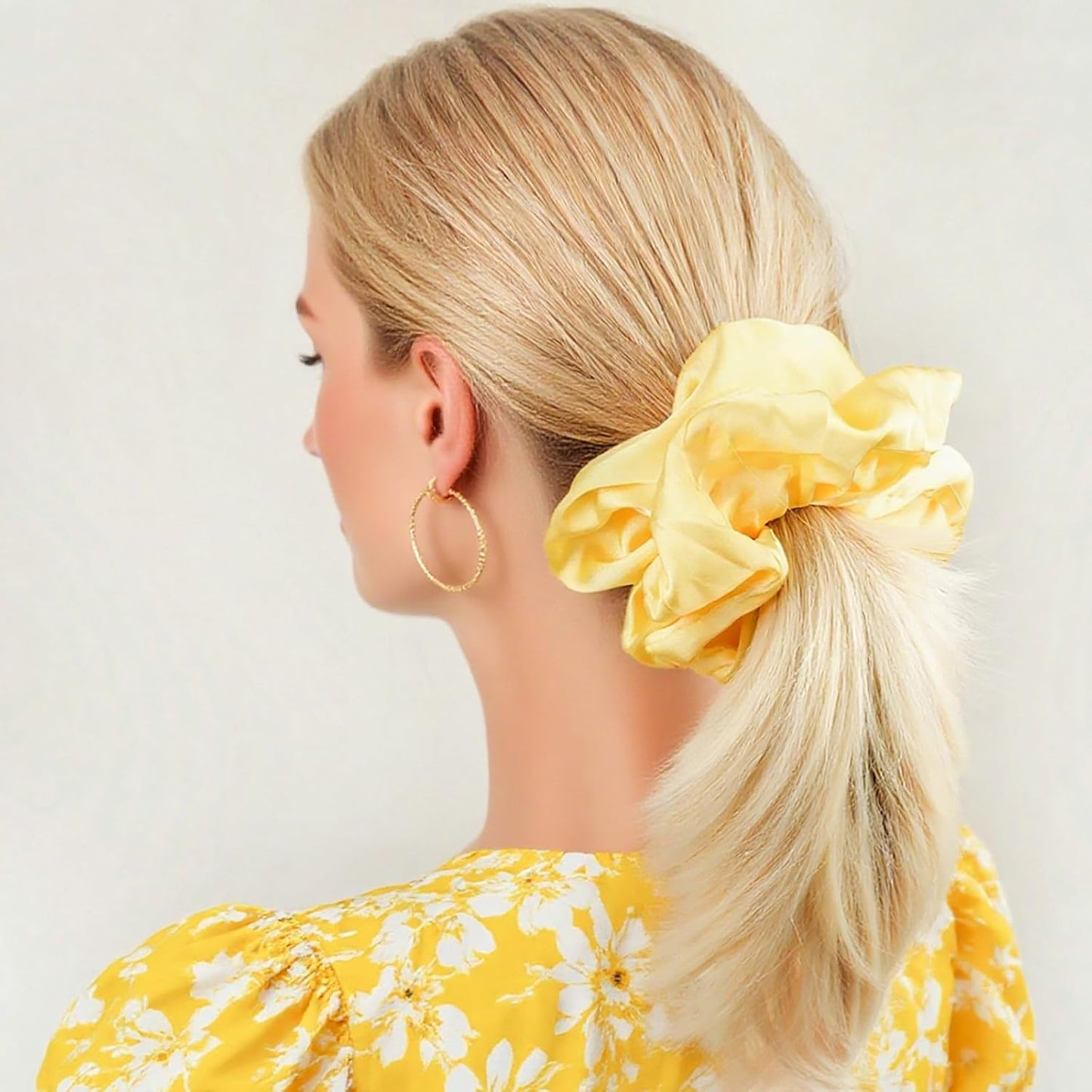 Oversized Satin Scrunchies for Women - 2 Pack Extra Large Hair Ties Accessories, Big Silk-Like Ponytail Holders, No-Damage Elastic Bands for Thick Curly Hair, Yellow