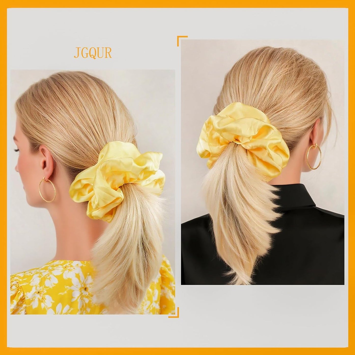 Oversized Satin Scrunchies for Women - 2 Pack Extra Large Hair Ties Accessories, Big Silk-Like Ponytail Holders, No-Damage Elastic Bands for Thick Curly Hair, Yellow