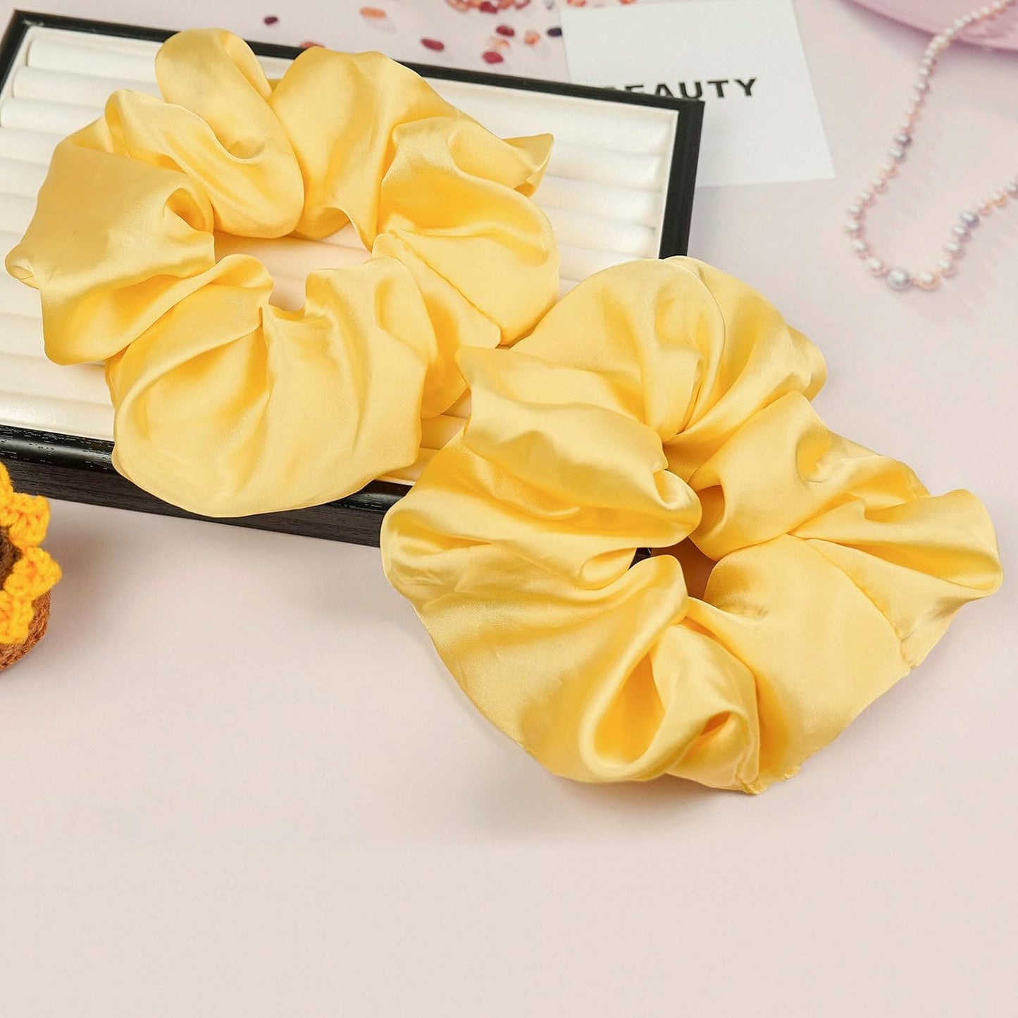 Oversized Satin Scrunchies for Women - 2 Pack Extra Large Hair Ties Accessories, Big Silk-Like Ponytail Holders, No-Damage Elastic Bands for Thick Curly Hair, Yellow