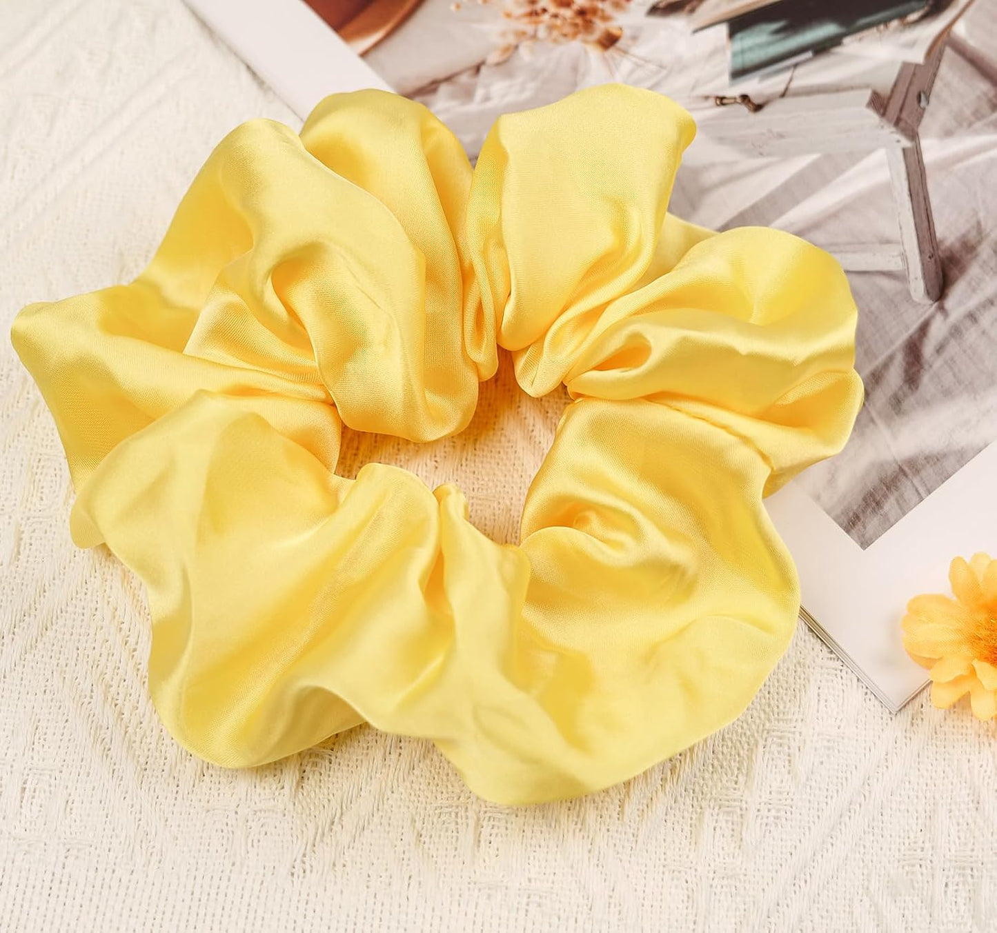 Oversized Satin Scrunchies for Women - 2 Pack Extra Large Hair Ties Accessories, Big Silk-Like Ponytail Holders, No-Damage Elastic Bands for Thick Curly Hair, Yellow