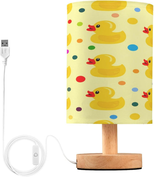 Cute Yellow Rubber Table Lamp, Bedside Nightstand Lamp for Bedroom, Small Desk Lamp with Wood Base and Fabric Shade, Modern Lamp for Living Room Dorm Office Nursery