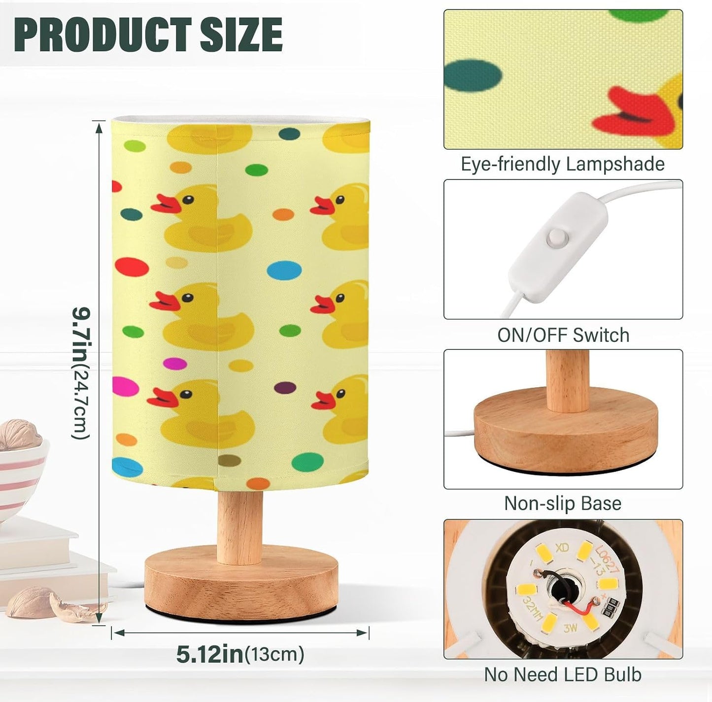 Cute Yellow Rubber Table Lamp, Bedside Nightstand Lamp for Bedroom, Small Desk Lamp with Wood Base and Fabric Shade, Modern Lamp for Living Room Dorm Office Nursery