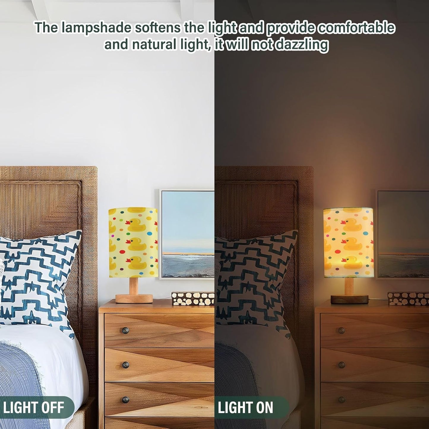 Cute Yellow Rubber Table Lamp, Bedside Nightstand Lamp for Bedroom, Small Desk Lamp with Wood Base and Fabric Shade, Modern Lamp for Living Room Dorm Office Nursery