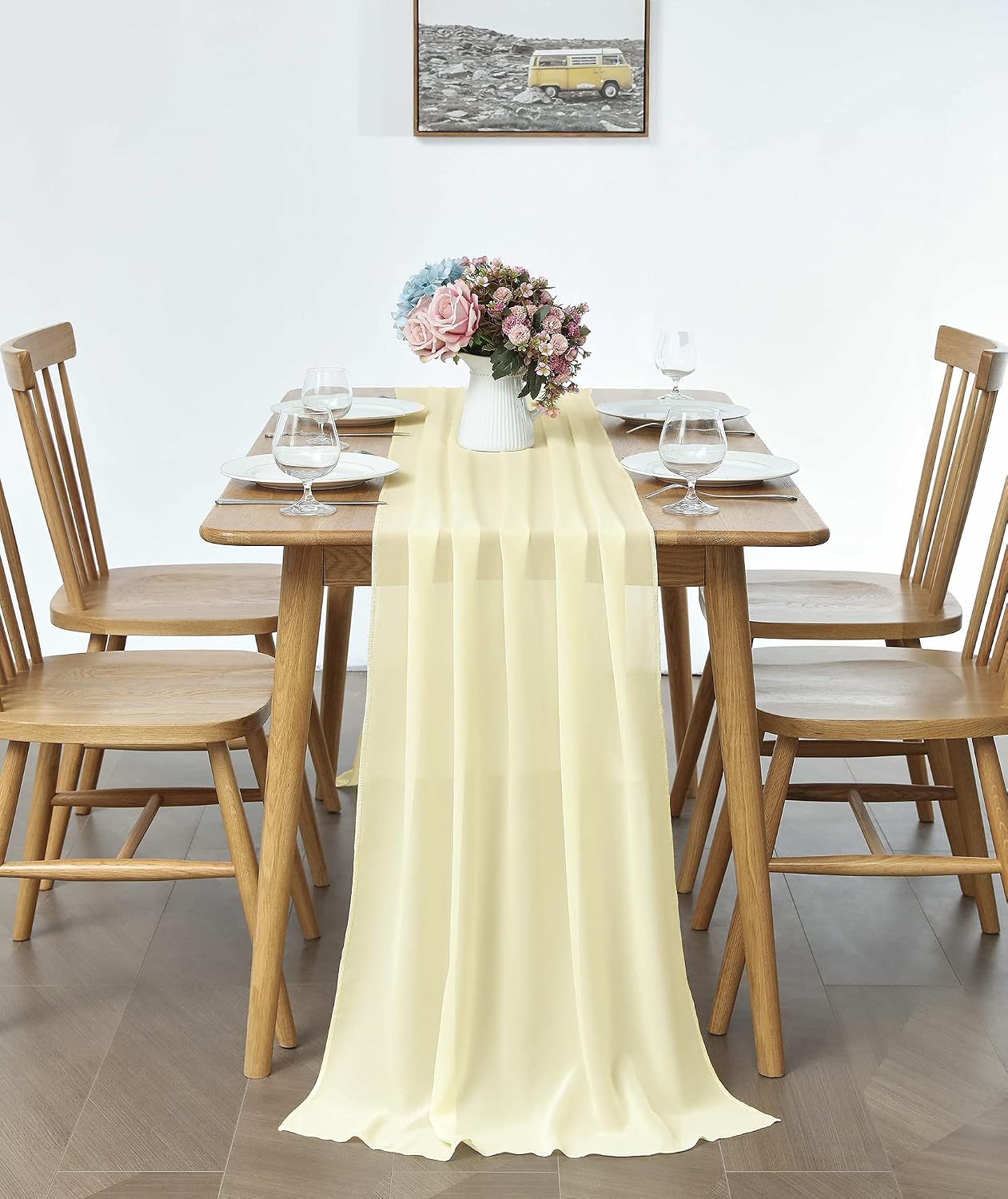 2 Pack 10Ft Light Yellow Chiffon Table Runner Sheer 29x120 Inch for Romantic Wedding Decor Bridal & Baby Shower Birthday Rustic Party Decoration