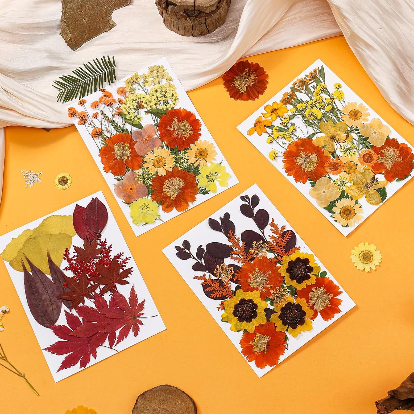 85Pcs Dried Flowers for Crafts, Natural Pressed Flowers for Crafts Real Dried Pressed Flowers Dry Leaves in Orange & Yellow for Resin, DIY Art, Scrapbook, Jewelry, Candle & Soap Making w/ Tweezer