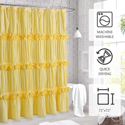 Bright Yellow Shower Curtain, Vintage Handcrafted Bow Tie Bath Curtain for Master Bathroom, Ruched Microfiber Bathroom Curtain with 12 Buttonholes, 72" W x 72" H (LQ-10)