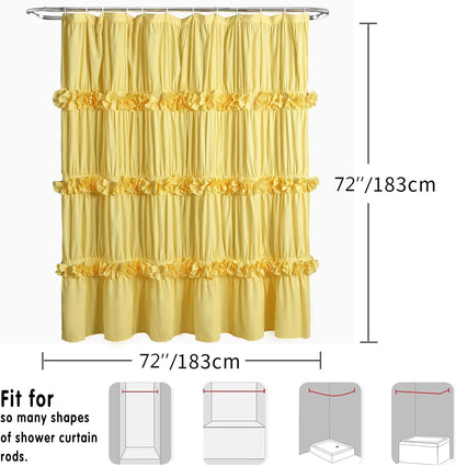 Bright Yellow Shower Curtain, Vintage Handcrafted Bow Tie Bath Curtain for Master Bathroom, Ruched Microfiber Bathroom Curtain with 12 Buttonholes, 72" W x 72" H (LQ-10)