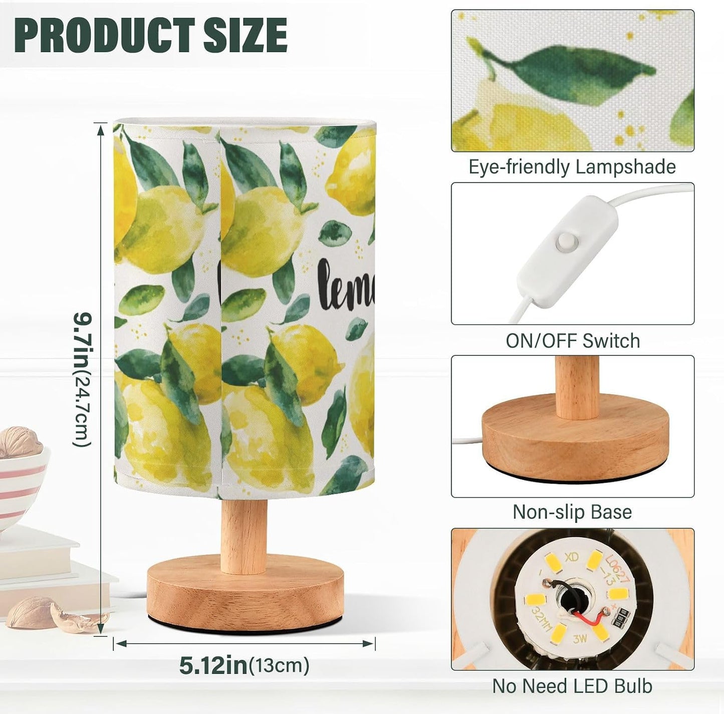 Bedside Table Lamp Lemon Yellow Citrus Fruits (65) Kids Nightstand Lamp Night Light Fabric Shade for Bedroom Living Room Home Office