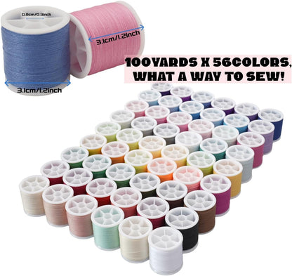 56 Spools Sewing Thread Kit for Hand Sewing and Machine Sewing Use, Colorful Polyester Thread Set 100 Yards Per Spool, 5600 Yards Total