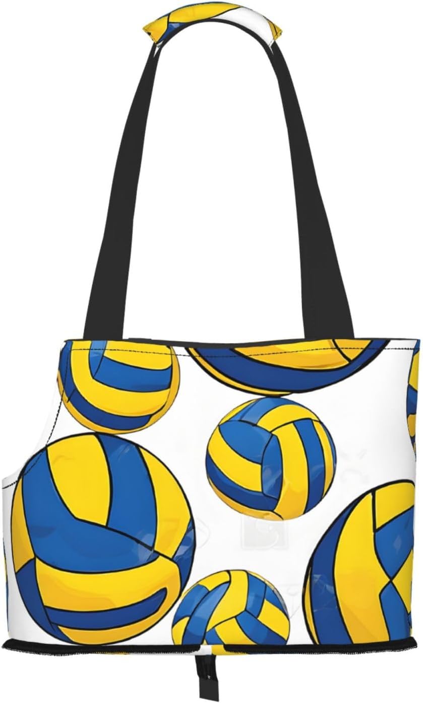 Yellow and Blue Volleyball Printed Foldable Pet Bag - Portable Puppy Cat Travel Handbag Tote,Pet Carrier Backpacks., Black