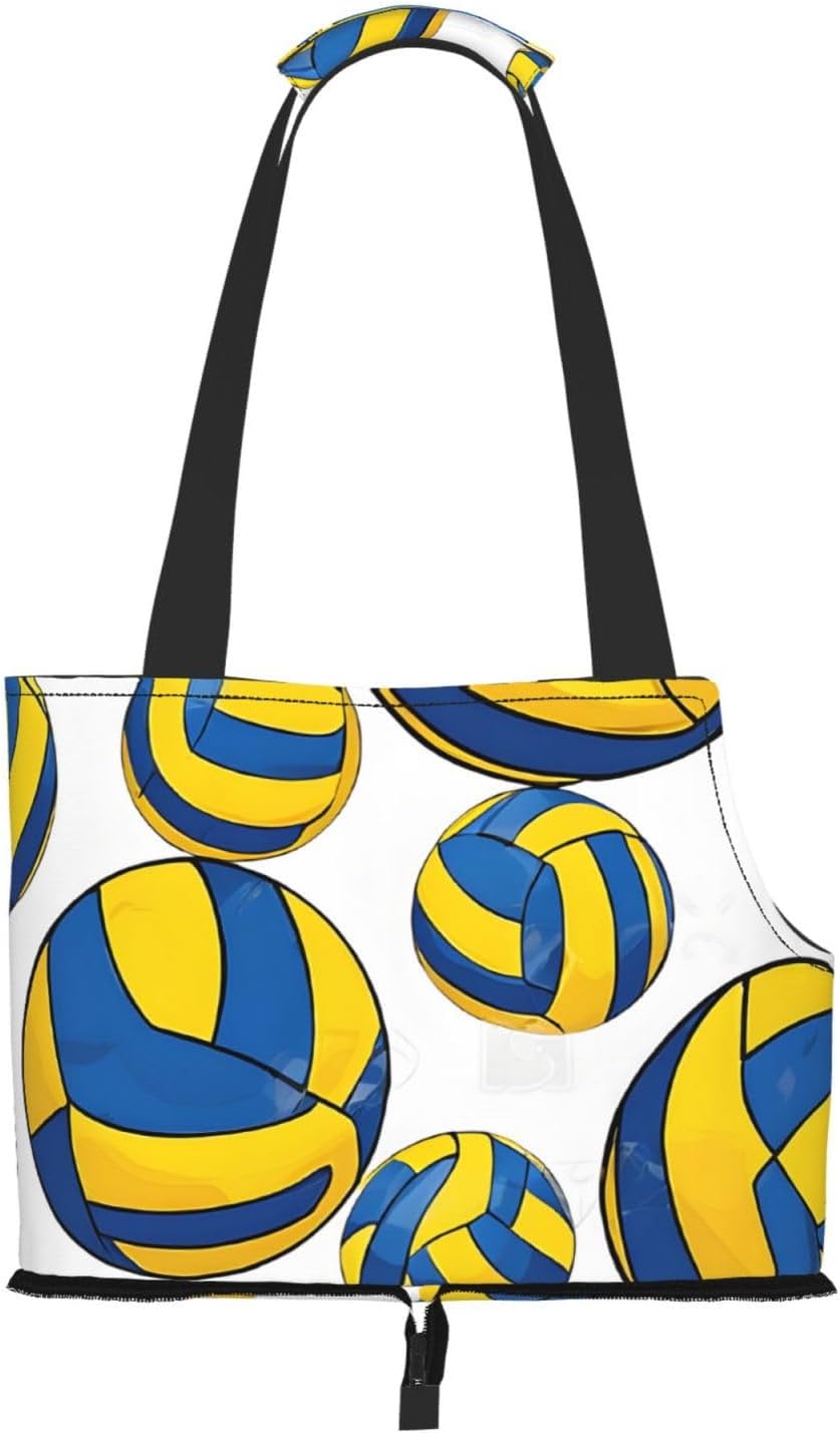Yellow and Blue Volleyball Printed Foldable Pet Bag - Portable Puppy Cat Travel Handbag Tote,Pet Carrier Backpacks., Black