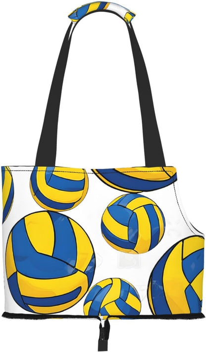 Yellow and Blue Volleyball Printed Foldable Pet Bag - Portable Puppy Cat Travel Handbag Tote,Pet Carrier Backpacks., Black