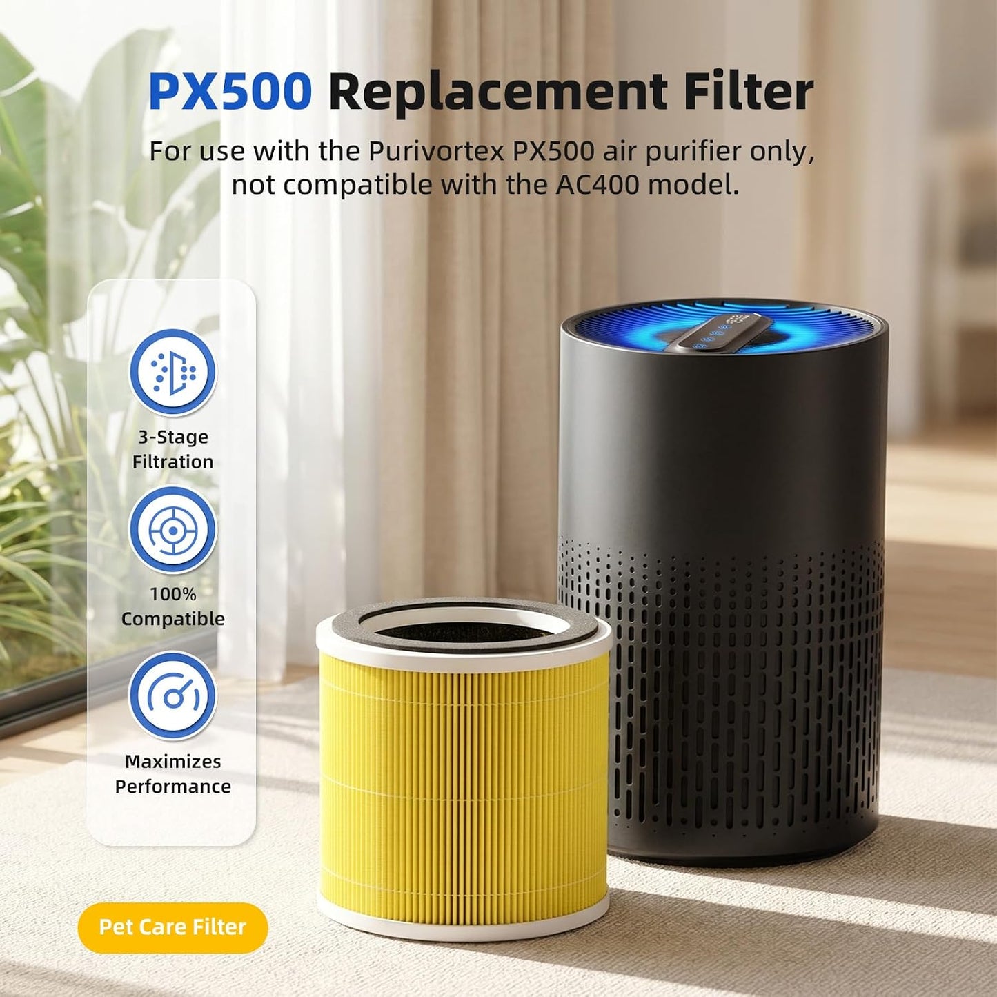 2 Pack PX500 Pet Care Replacement Filter Compatible with Purivortex PX500 Air Purifier, 3-in-1 PX500 Air Filter, Yellow