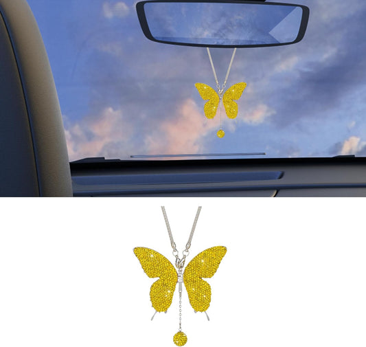 Rhinestone Butterfly Rearview Mirror Ornament, Yellow | steel and clay body, hanging pendant design, decorative details, fits most cars and trucks, car interior accessories