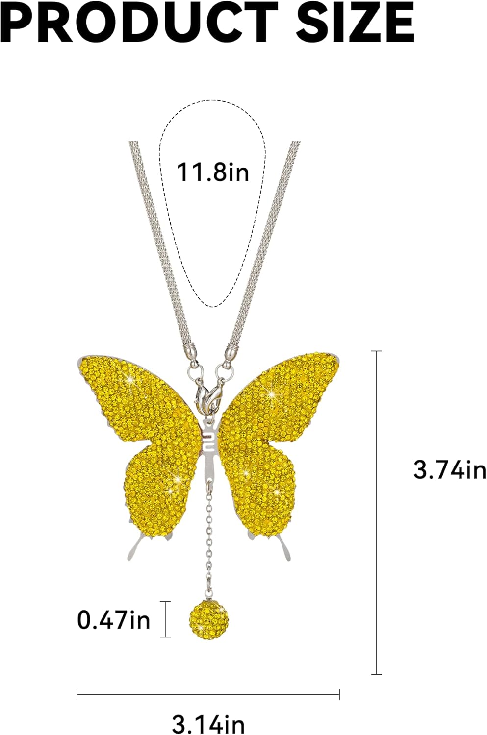 Rhinestone Butterfly Rearview Mirror Ornament, Yellow | steel and clay body, hanging pendant design, decorative details, fits most cars and trucks, car interior accessories