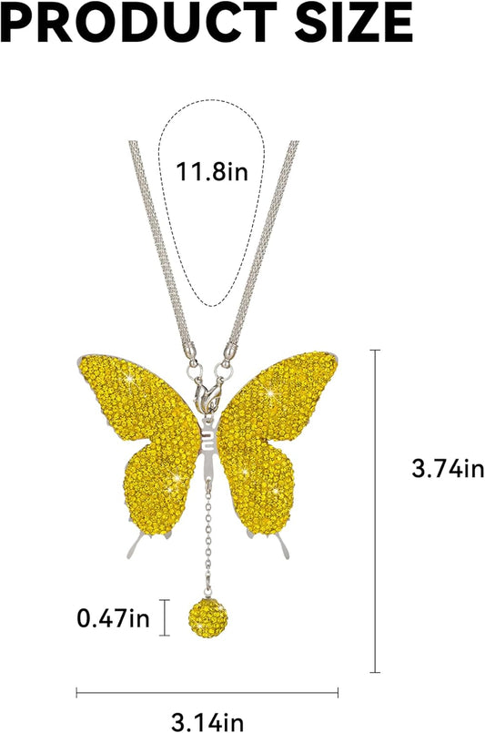 Rhinestone Butterfly Rearview Mirror Ornament, Yellow | steel and clay body, hanging pendant design, decorative details, fits most cars and trucks, car interior accessories
