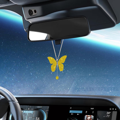 Rhinestone Butterfly Rearview Mirror Ornament, Yellow | steel and clay body, hanging pendant design, decorative details, fits most cars and trucks, car interior accessories