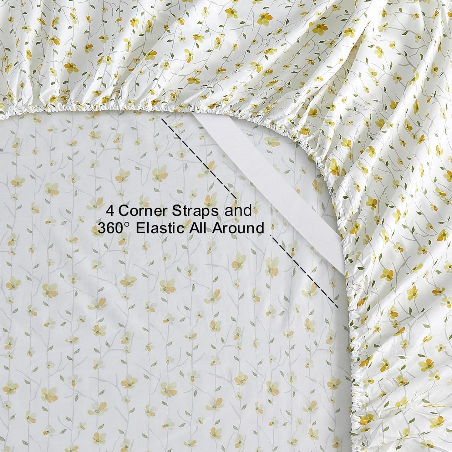 Yellow Floral Bed Sheets Full Flower Printed Sheets - Patterned Microfiber Fitted Sheets Full with 15" Deep Pocket & Non-Slip Straps, Cute Flower Sheets & Pillowcase Set