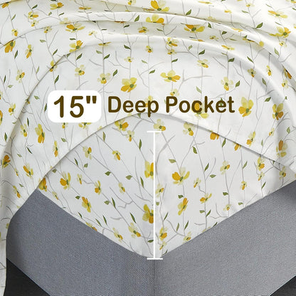 Yellow Floral Bed Sheets Full Flower Printed Sheets - Patterned Microfiber Fitted Sheets Full with 15" Deep Pocket & Non-Slip Straps, Cute Flower Sheets & Pillowcase Set