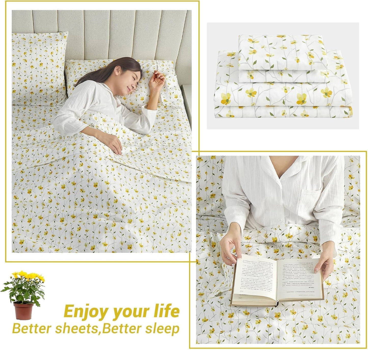 Yellow Floral Bed Sheets Full Flower Printed Sheets - Patterned Microfiber Fitted Sheets Full with 15" Deep Pocket & Non-Slip Straps, Cute Flower Sheets & Pillowcase Set