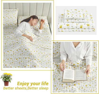 Yellow Floral Bed Sheets Full Flower Printed Sheets - Patterned Microfiber Fitted Sheets Full with 15" Deep Pocket & Non-Slip Straps, Cute Flower Sheets & Pillowcase Set