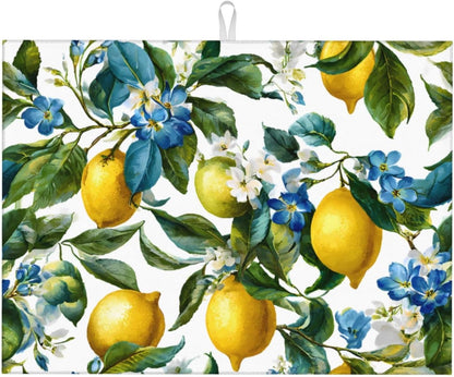 Blue White Floral Lemon Dish Drying Mat 18 X 24 For Kitchen Counter Absorbent Large Kitchen Fast Dry Pad Reusable Washable Protector Rack Large Mat