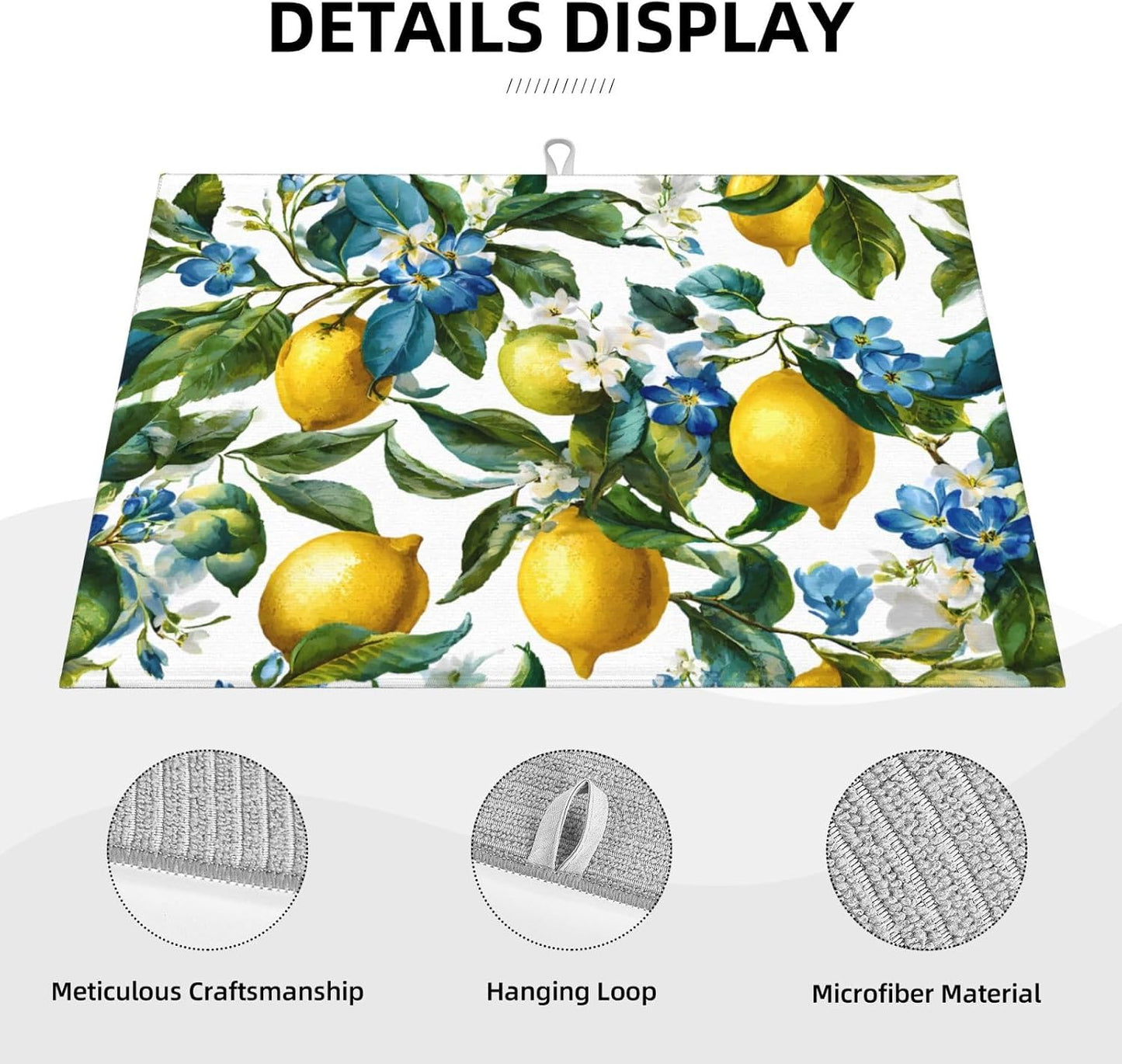 Blue White Floral Lemon Dish Drying Mat 18 X 24 For Kitchen Counter Absorbent Large Kitchen Fast Dry Pad Reusable Washable Protector Rack Large Mat