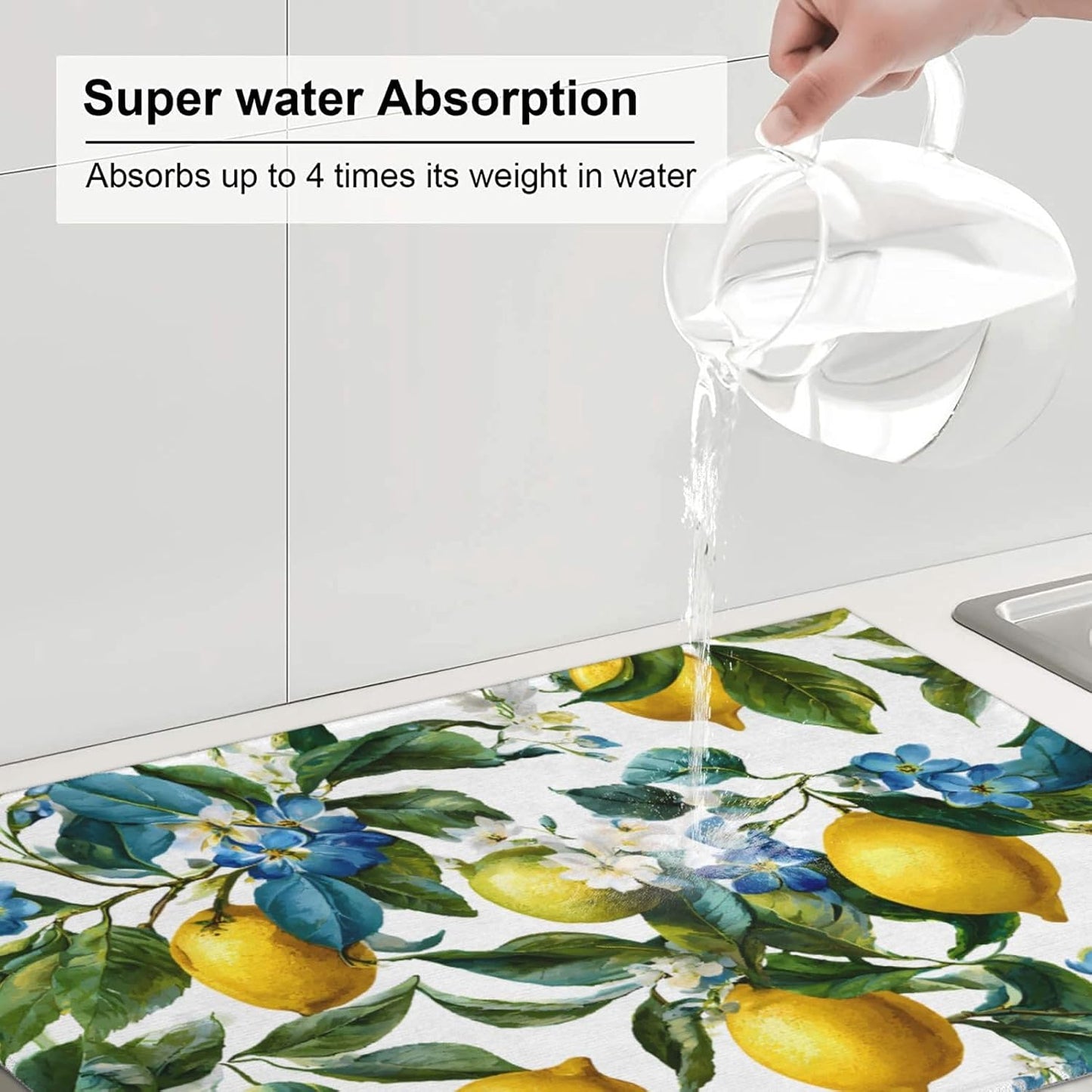 Blue White Floral Lemon Dish Drying Mat 18 X 24 For Kitchen Counter Absorbent Large Kitchen Fast Dry Pad Reusable Washable Protector Rack Large Mat