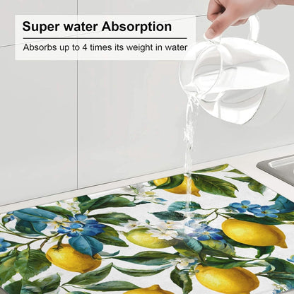 Blue White Floral Lemon Dish Drying Mat 18 X 24 For Kitchen Counter Absorbent Large Kitchen Fast Dry Pad Reusable Washable Protector Rack Large Mat