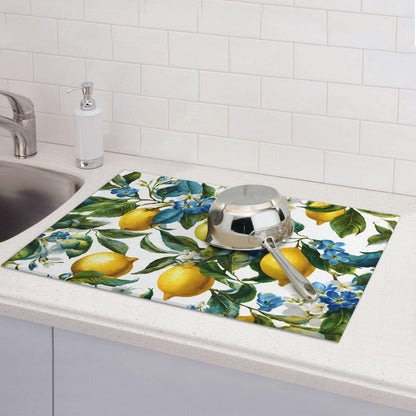 Blue White Floral Lemon Dish Drying Mat 18 X 24 For Kitchen Counter Absorbent Large Kitchen Fast Dry Pad Reusable Washable Protector Rack Large Mat