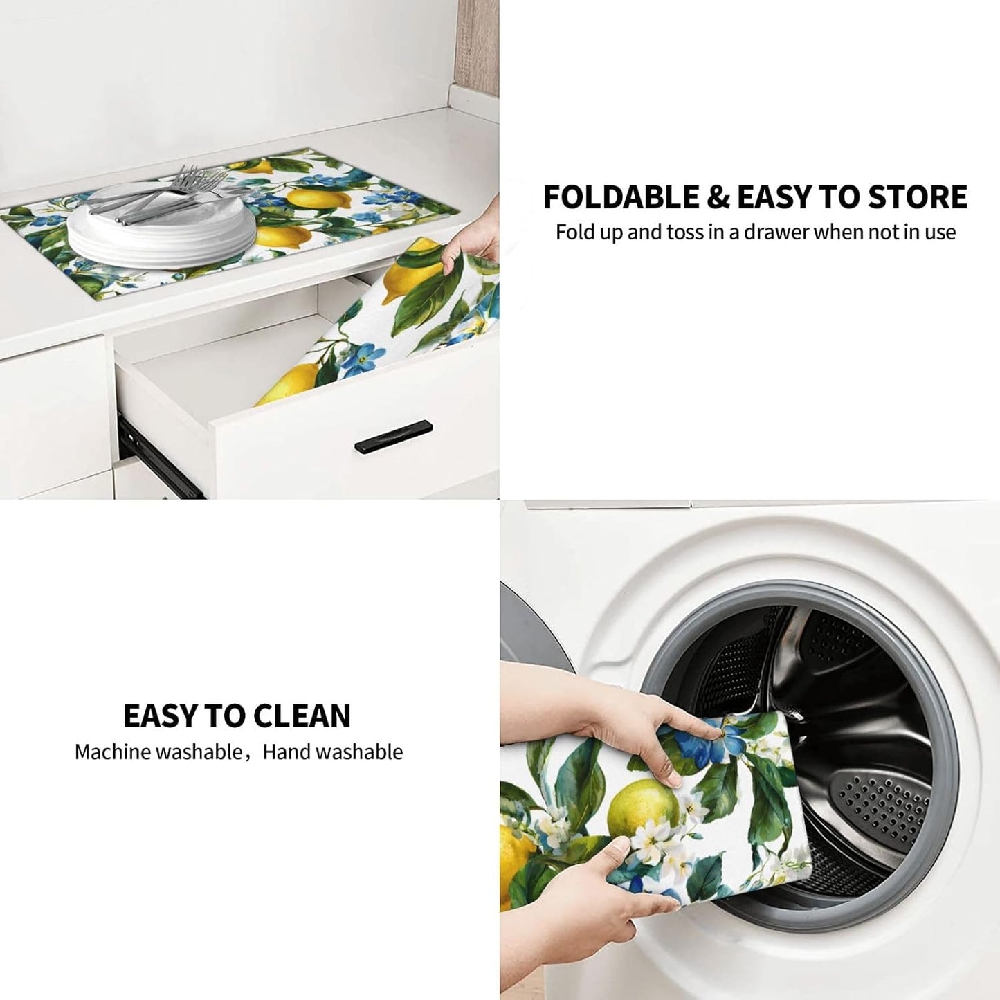 Blue White Floral Lemon Dish Drying Mat 18 X 24 For Kitchen Counter Absorbent Large Kitchen Fast Dry Pad Reusable Washable Protector Rack Large Mat
