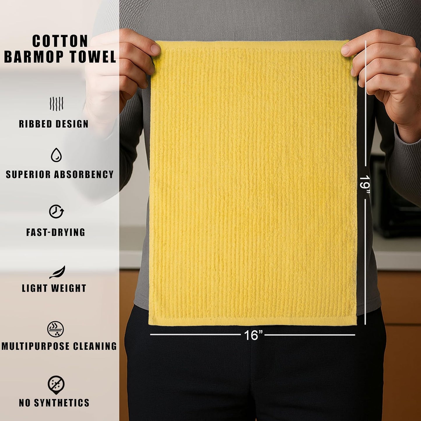 Bar Mop Towels - 16x19 Inches - Pack of 12 - Lemon Yellow - Cotton Dish Cloths & Cleaning Towels for Kitchen, Bar, Restaurant, Household Use – Absorbent, Durable, Reusable