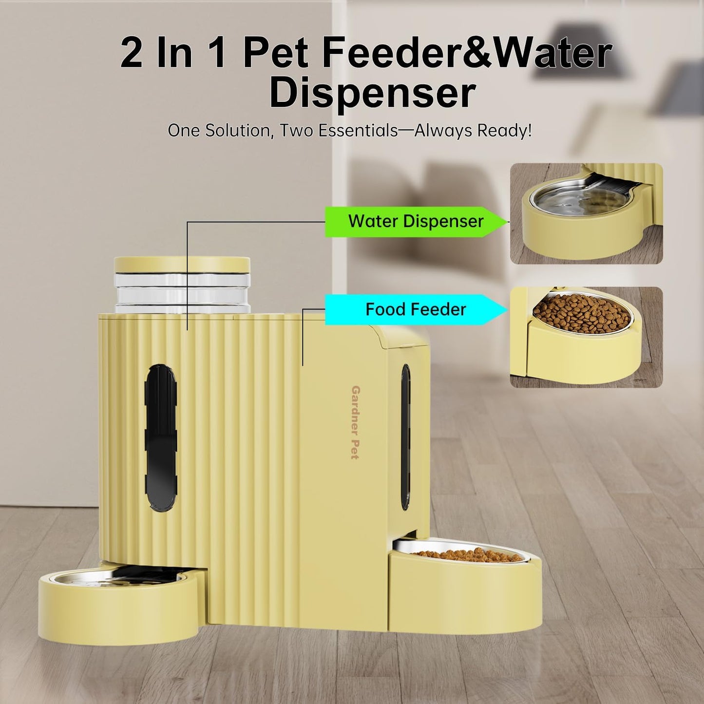Gravity Automatic 2-in-1 Pet Feeder, 0.8 Gallons*2 Cat Feeder and Water Dispenser Set, 100% BPA-Free and Stainless Steel Water Bowl for Dogs, Cats, Rabbits, Puppies (Yellow)