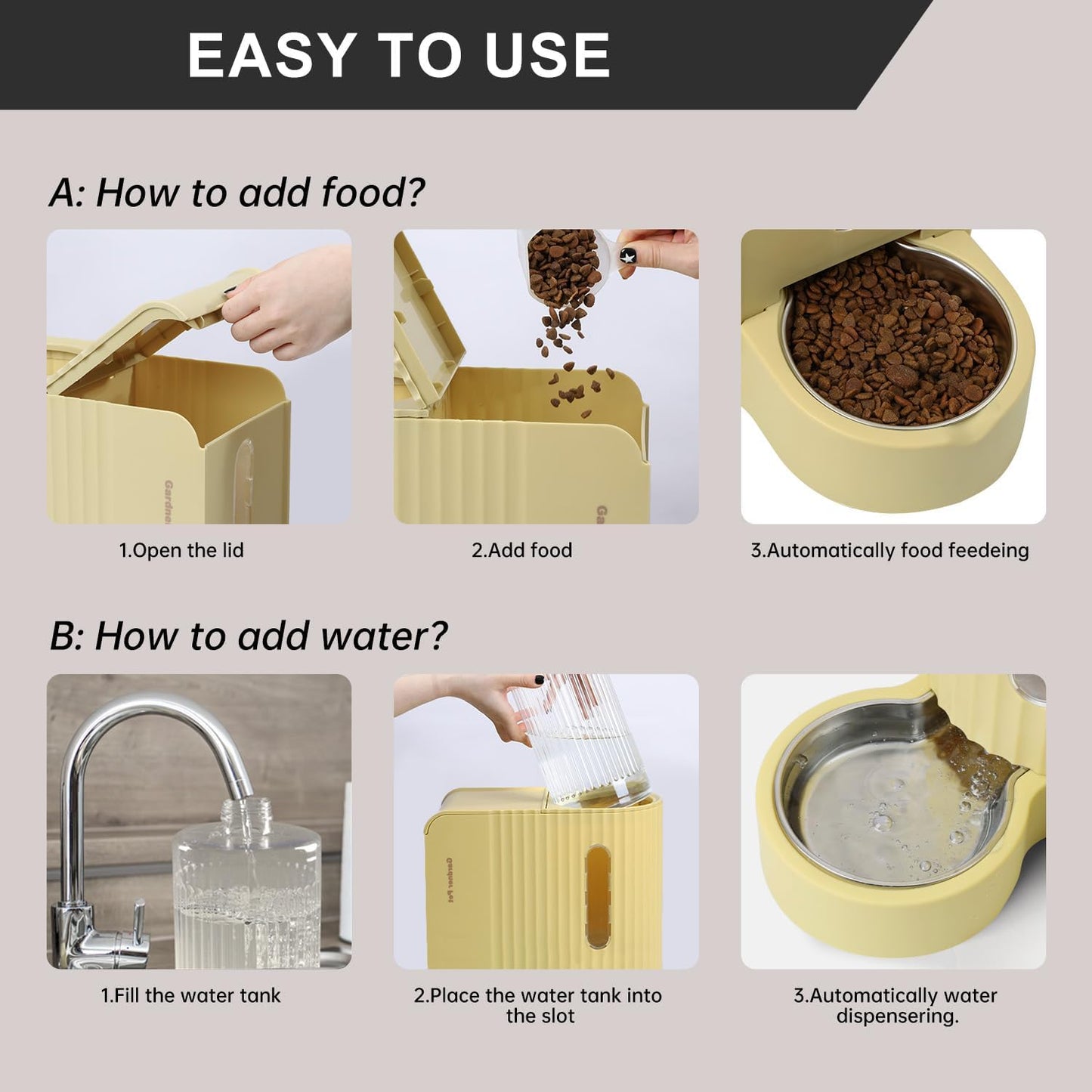 Gravity Automatic 2-in-1 Pet Feeder, 0.8 Gallons*2 Cat Feeder and Water Dispenser Set, 100% BPA-Free and Stainless Steel Water Bowl for Dogs, Cats, Rabbits, Puppies (Yellow)