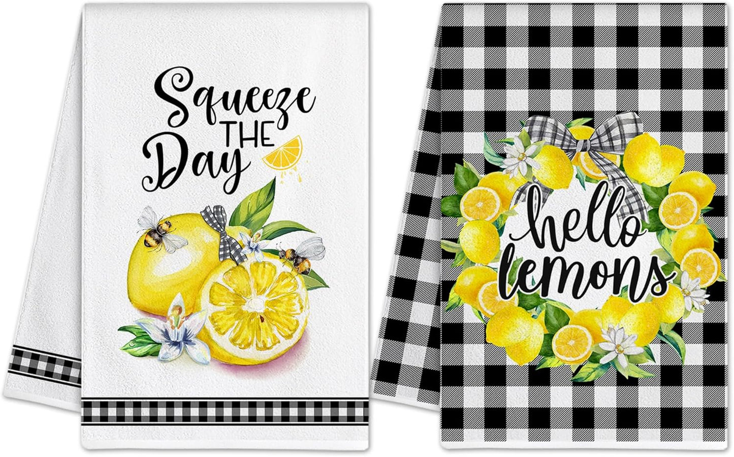 Lemon Kitchen Decor, Lemon Kitchen Towels Gifts Set of 2 for Women | Spring, Dish Hand Towels, Home Decor, Housewarming Gifts for Women, Ring，Checked