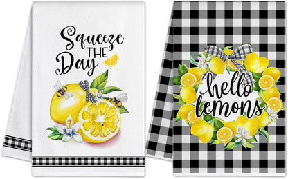 Lemon Kitchen Decor, Lemon Kitchen Towels Gifts Set of 2 for Women | Spring, Dish Hand Towels, Home Decor, Housewarming Gifts for Women, Ring，Checked