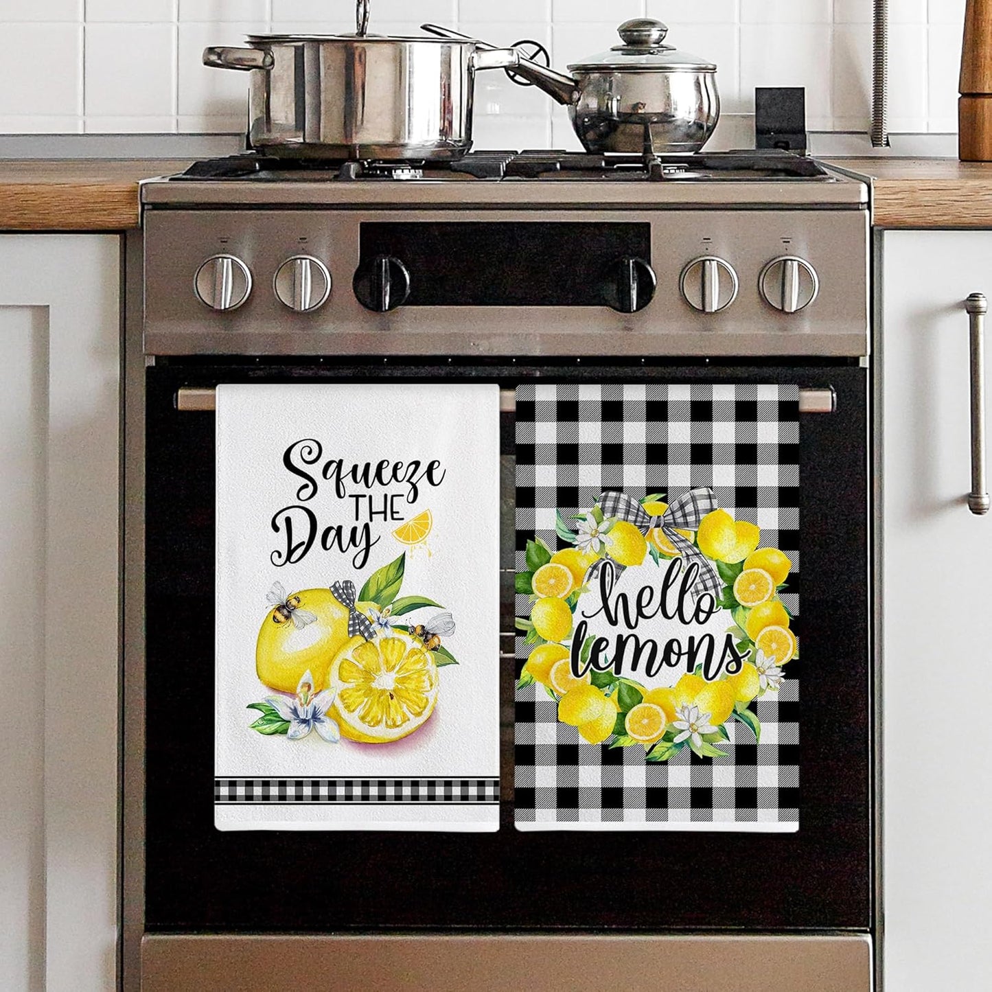 Lemon Kitchen Decor, Lemon Kitchen Towels Gifts Set of 2 for Women | Spring, Dish Hand Towels, Home Decor, Housewarming Gifts for Women, Ring，Checked