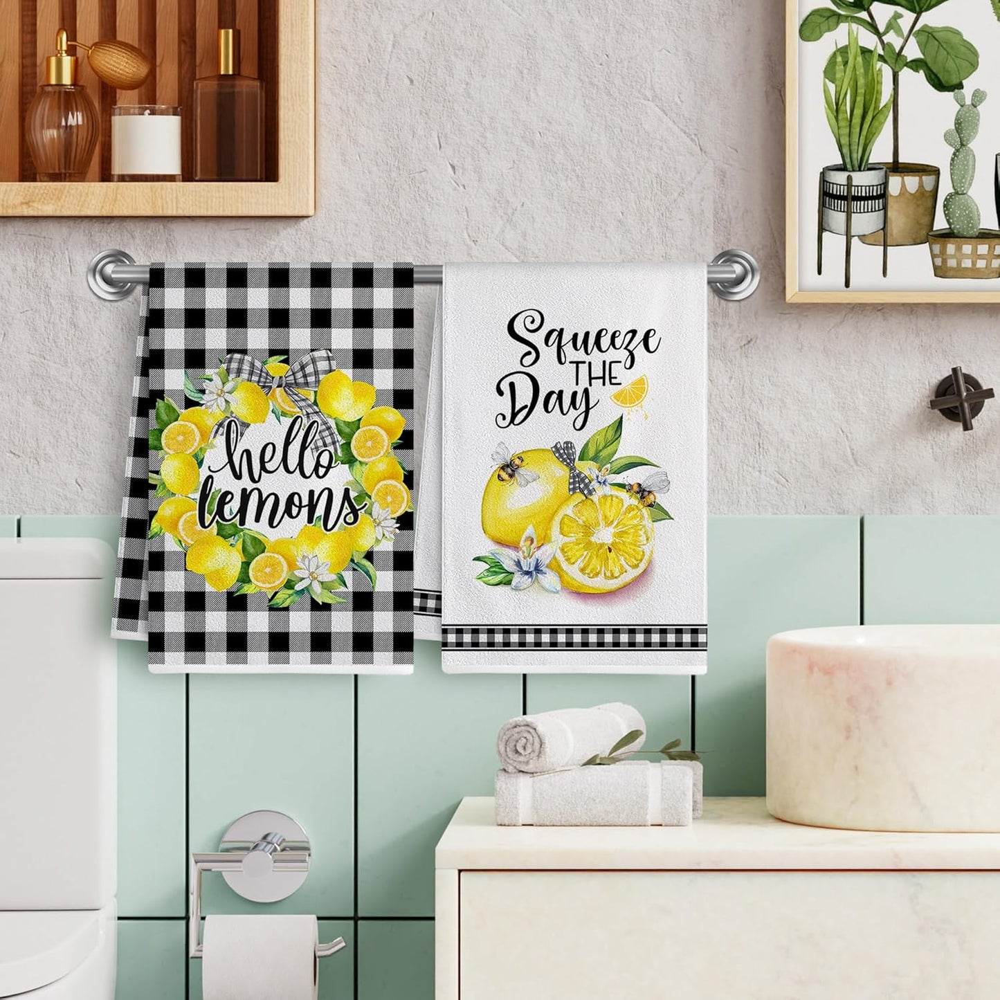 Lemon Kitchen Decor, Lemon Kitchen Towels Gifts Set of 2 for Women | Spring, Dish Hand Towels, Home Decor, Housewarming Gifts for Women, Ring，Checked