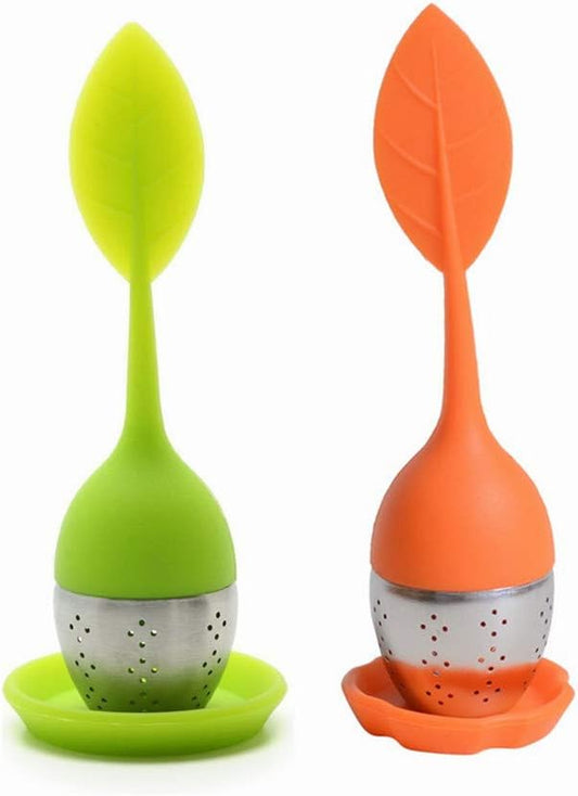 Tea Infuser Filter, Silicone Handle Loose Tea Infuser Tea Strainer, Stainless Steel Tea Ball Strainer with Leaf shaped for Tea Cups, Mugs, Teapots (Green Orange)