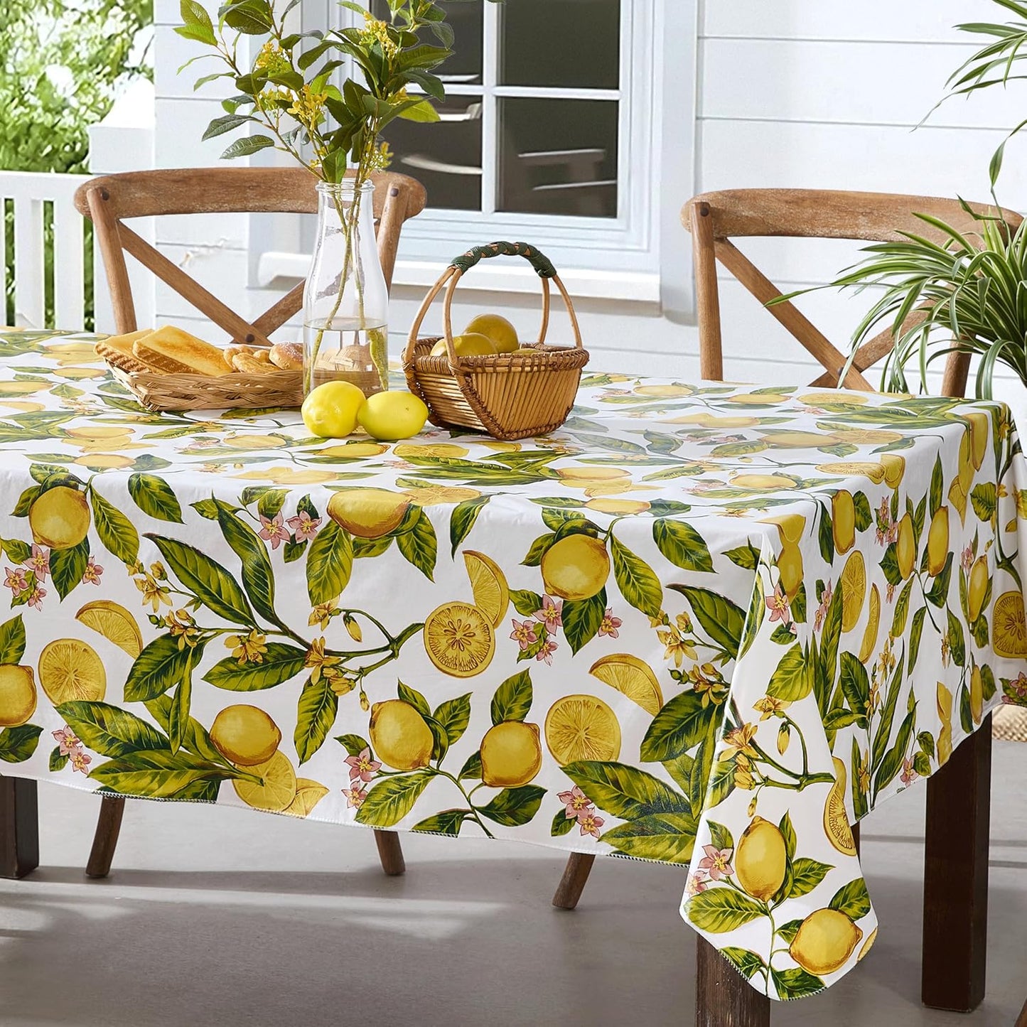 Zesty Lemons Vinyl Tablecloth, 60 x 84 Inch Rectangle | Flannel Backing, French Country Lemon Vine Print, Easy Care Wipe Clean, Indoor Outdoor Table Cover