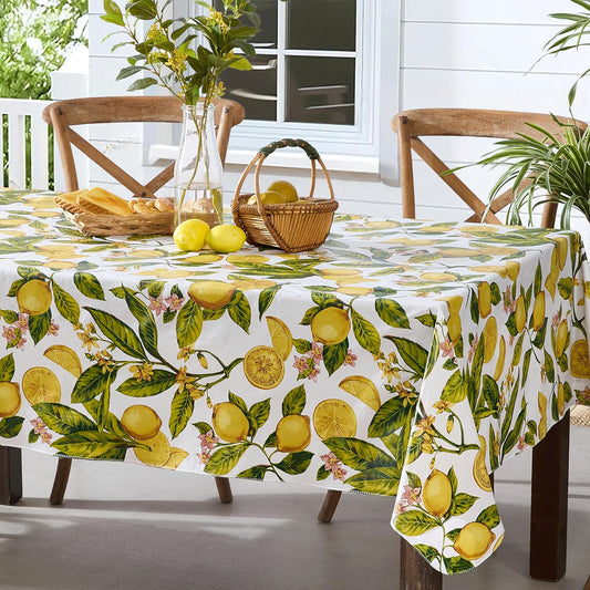 Zesty Lemons Vinyl Tablecloth, 60 x 84 Inch Rectangle | Flannel Backing, French Country Lemon Vine Print, Easy Care Wipe Clean, Indoor Outdoor Table Cover