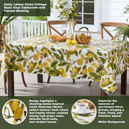 Zesty Lemons Vinyl Tablecloth, 60 x 84 Inch Rectangle | Flannel Backing, French Country Lemon Vine Print, Easy Care Wipe Clean, Indoor Outdoor Table Cover