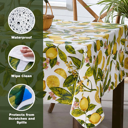 Zesty Lemons Vinyl Tablecloth, 60 x 84 Inch Rectangle | Flannel Backing, French Country Lemon Vine Print, Easy Care Wipe Clean, Indoor Outdoor Table Cover