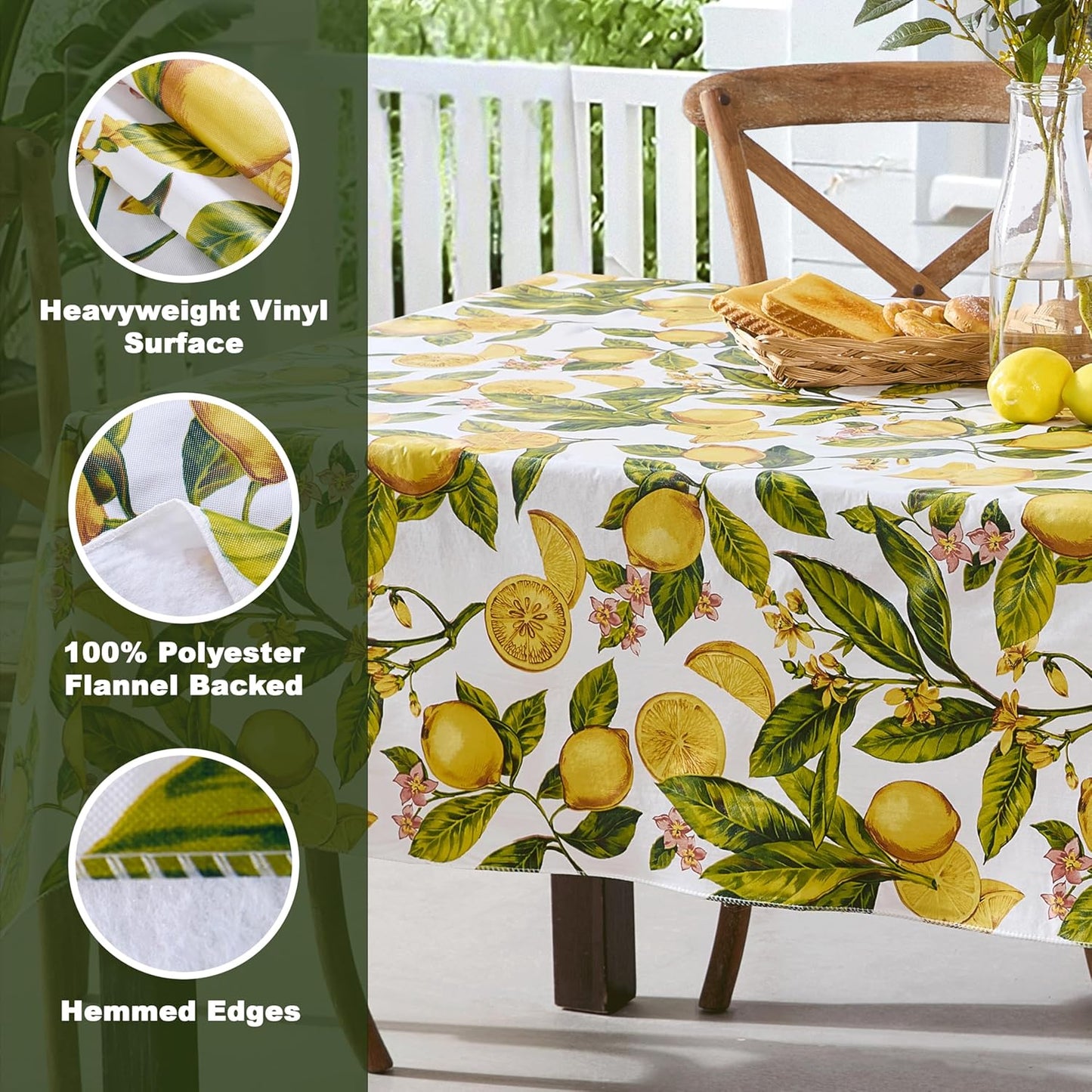 Zesty Lemons Vinyl Tablecloth, 60 x 84 Inch Rectangle | Flannel Backing, French Country Lemon Vine Print, Easy Care Wipe Clean, Indoor Outdoor Table Cover