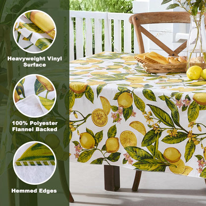 Zesty Lemons Vinyl Tablecloth, 60 x 84 Inch Rectangle | Flannel Backing, French Country Lemon Vine Print, Easy Care Wipe Clean, Indoor Outdoor Table Cover